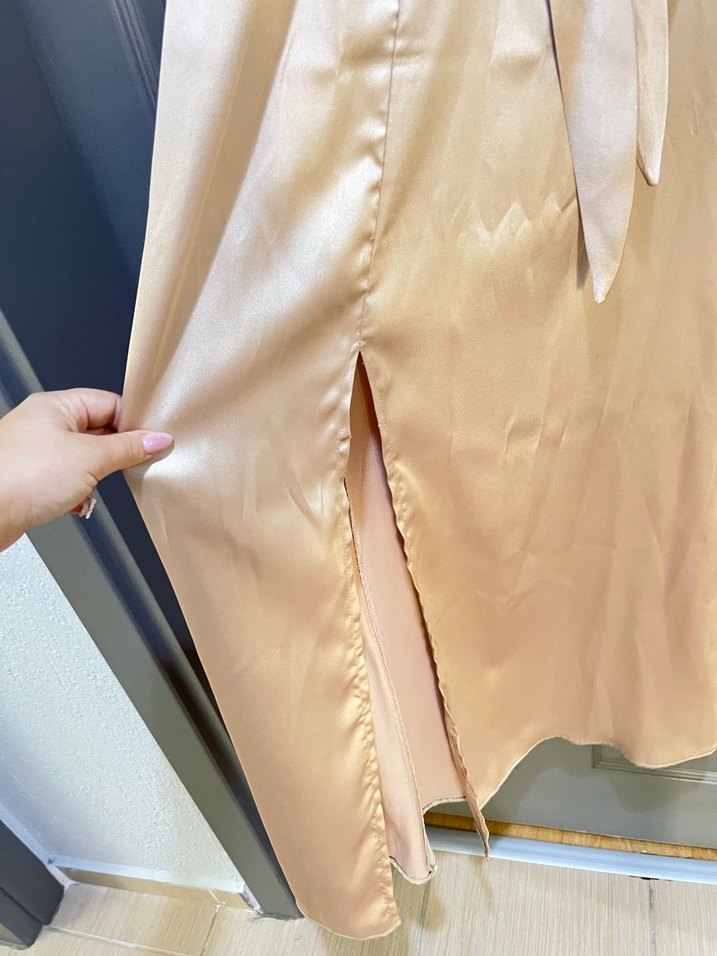 Bej Uzun Askılı Drapeli Kadın Elbise - Görsel 2