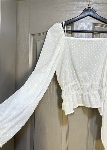 Beyaz V Yaka Uzun Kollu Bohem Bluz - Görsel 2