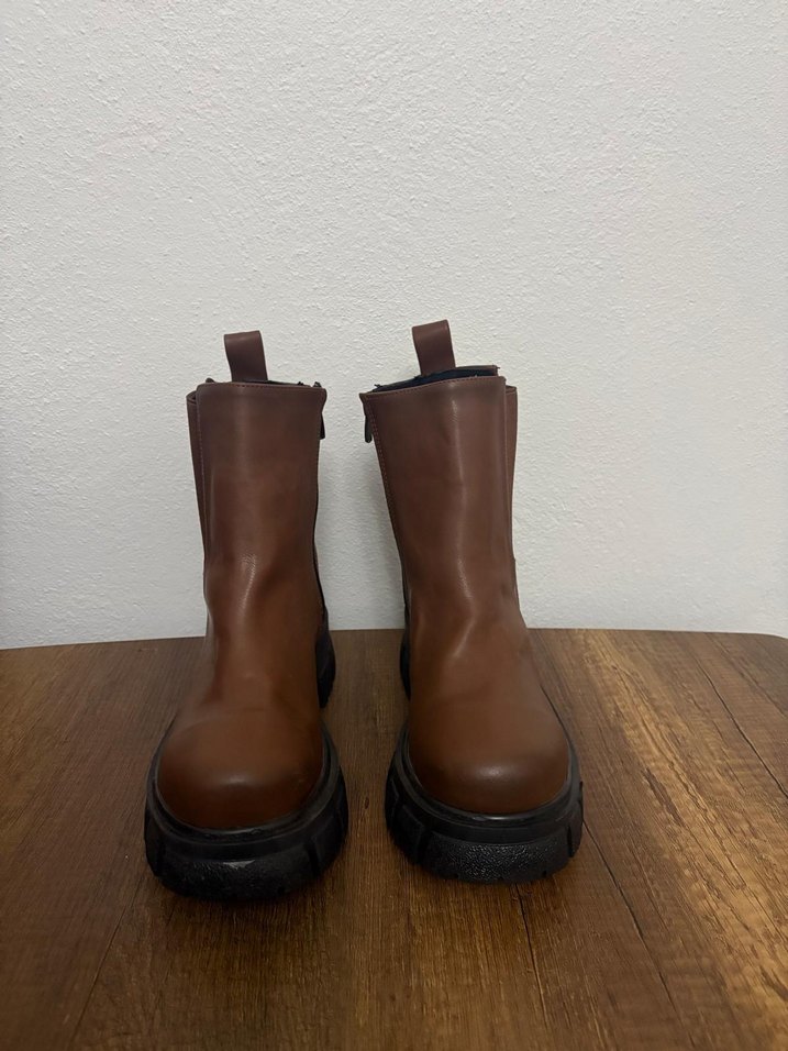 Kahverengi Deri Platform Topuklu Kadın Bot - Görsel 2