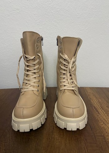 Bej Deri Platform Topuklu Kadın Bot - Görsel 2