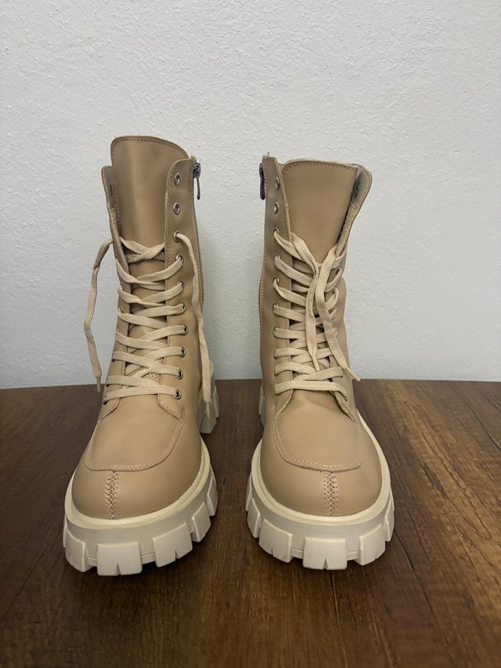 Bej Deri Platform Topuklu Kadın Bot - Görsel 2