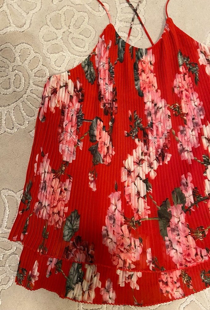 Piliseli Kırmızı Çiçekli Mini Bohem Bluz - Görsel 3