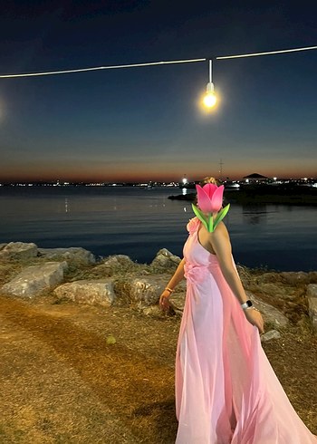 Pembe Straplez Uzun Drapeli Abiye