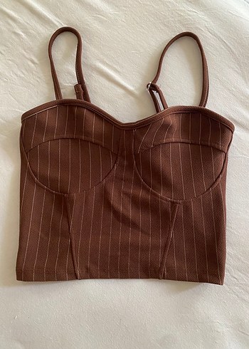 Kahverengi Çizgili Straplez Crop Top