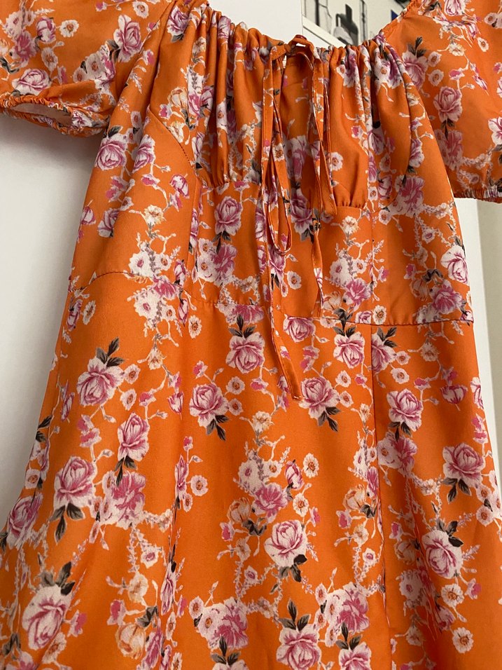 Turuncu Çiçek Desenli Uzun Bohem Elbise - Görsel 4