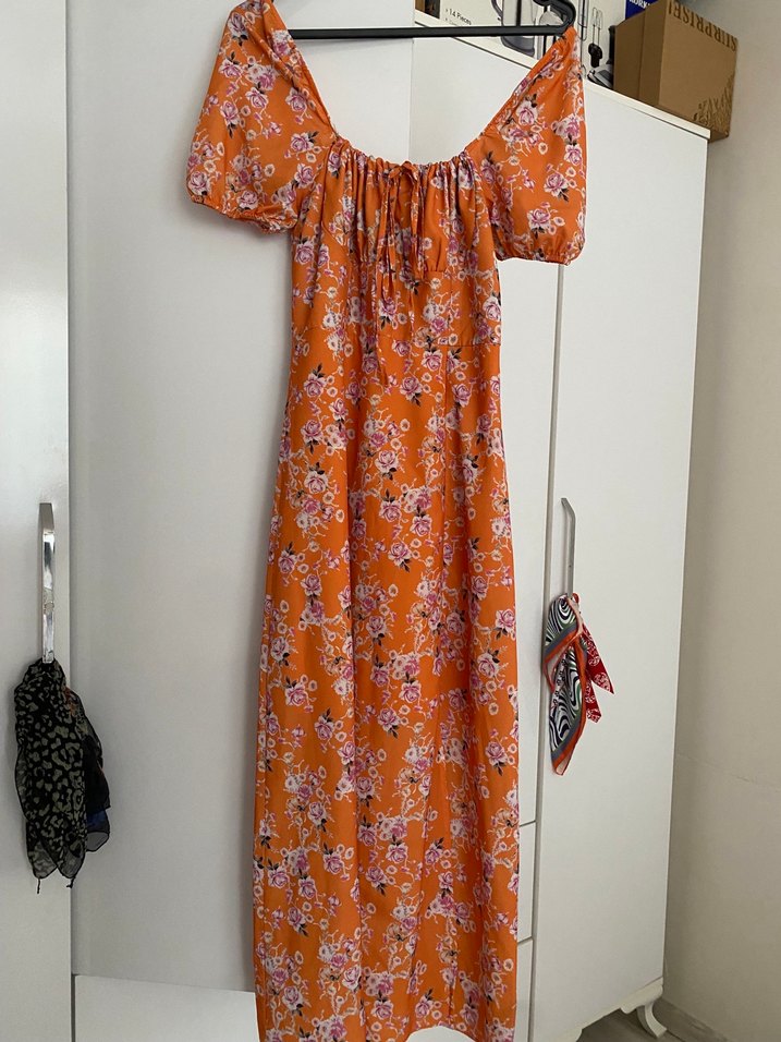 Turuncu Çiçek Desenli Uzun Bohem Elbise - Görsel 3