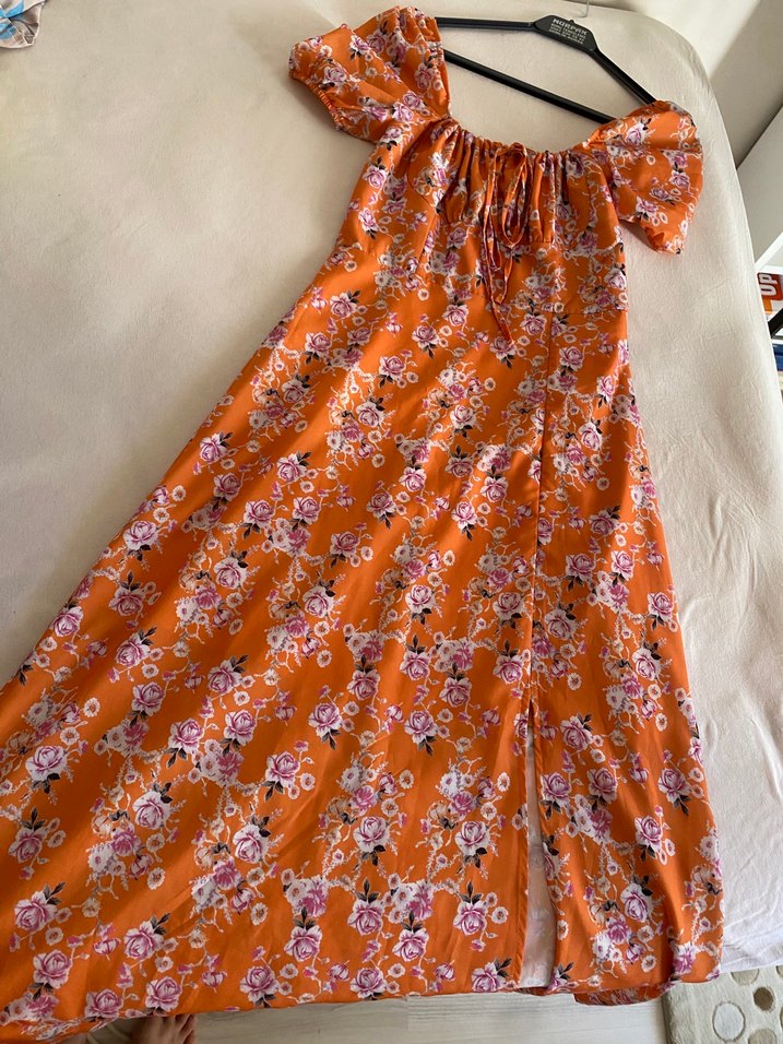 Turuncu Çiçek Desenli Uzun Bohem Elbise - Görsel 2