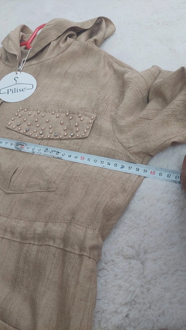 Bej Nakışlı Keten Düğmeli Kadın Gömlek - Görsel 3