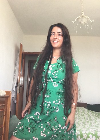 Yeşil V Yaka Bohem Uzun Elbise