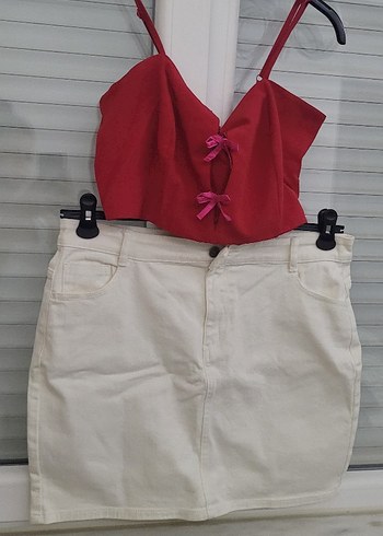 Beyaz kot Mini Etek ve crop