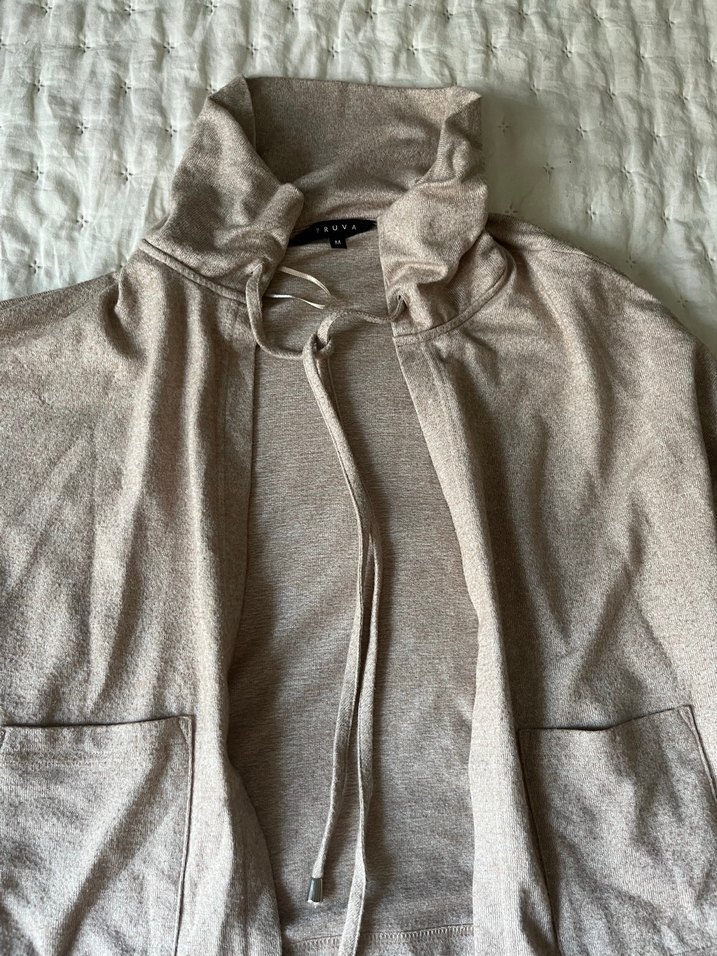 Bej Keten Yüksek Yakalı Salaş Hamile Ceket - Görsel 2