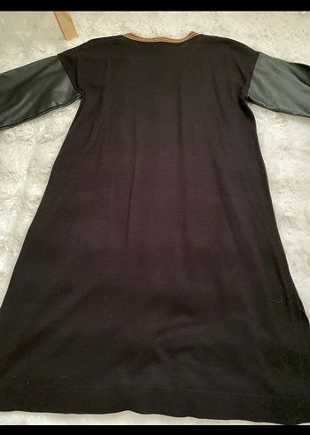 Düğmeli Siyah Deri Kollu Uzun Kadın Tunik - Görsel 4