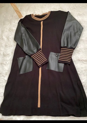 Düğmeli Siyah Deri Kollu Uzun Kadın Tunik - Görsel 3