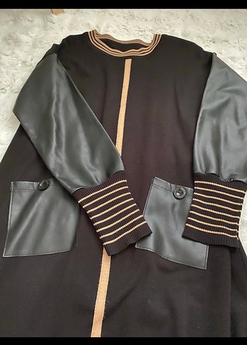 Düğmeli Siyah Deri Kollu Uzun Kadın Tunik - Görsel 2