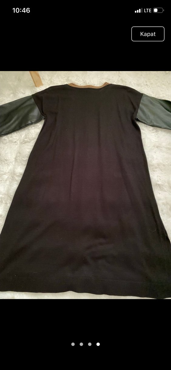 Düğmeli Siyah Deri Kollu Uzun Kadın Tunik - Görsel 4