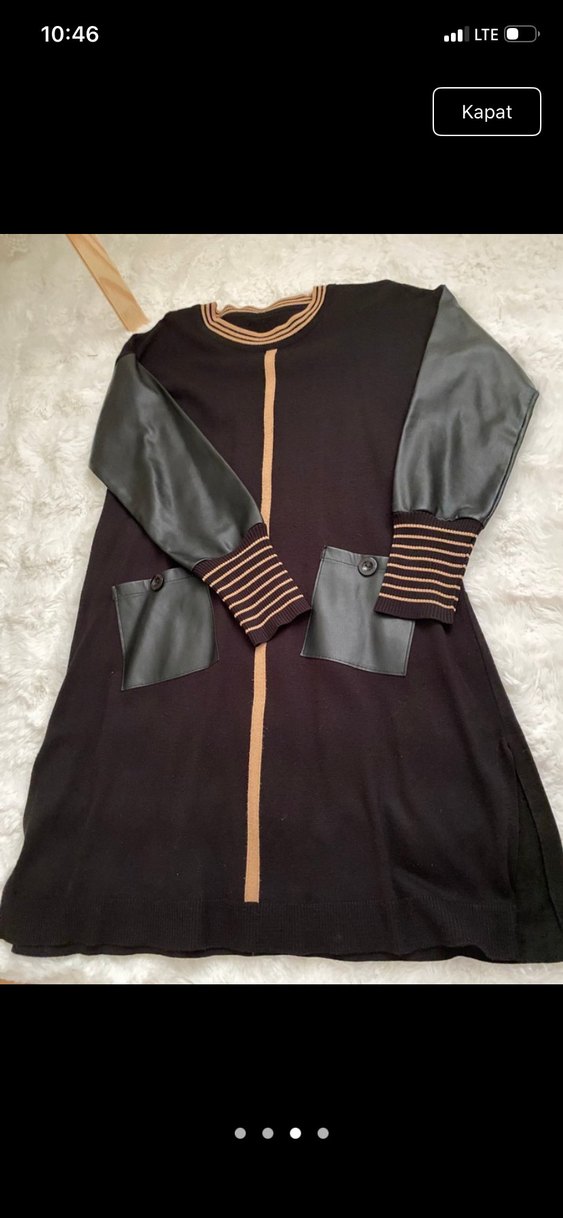 Düğmeli Siyah Deri Kollu Uzun Kadın Tunik - Görsel 3