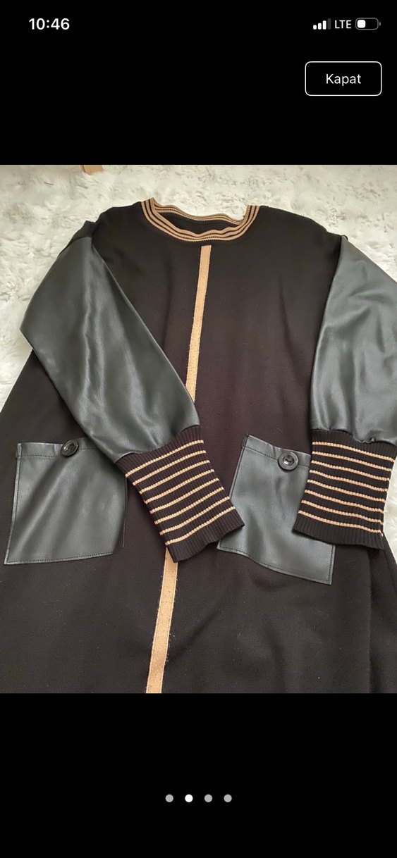 Düğmeli Siyah Deri Kollu Uzun Kadın Tunik - Görsel 2