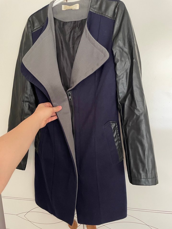 Lacivert ve Deri Kollu Uzun kaban - Görsel 4