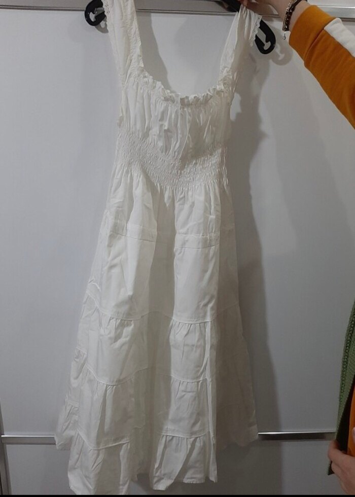 Beyaz Keten Midi Bohem Elbise - Görsel 2