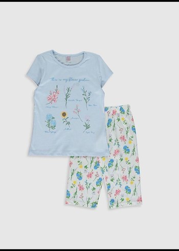 Mavi Çiçek Desenli Kız çocuk pijama Takımı