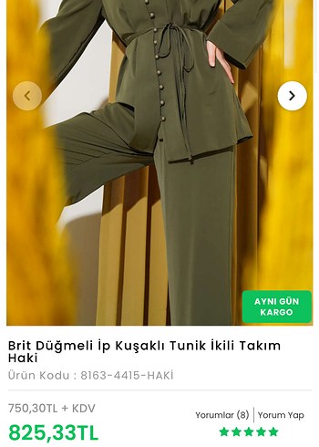 BrDüğmeli İp Kuşaklı Haki Tunik Takım