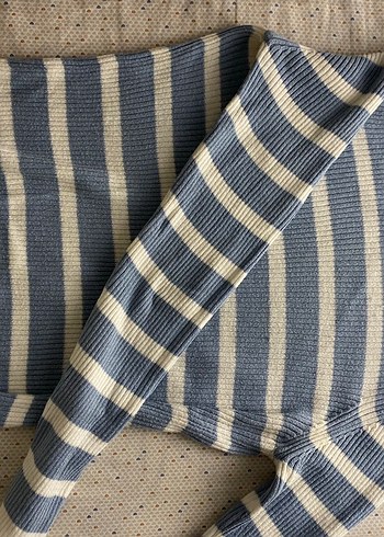 Çizgili Mavi-Gri Kadın Triko Kazak - Görsel 2