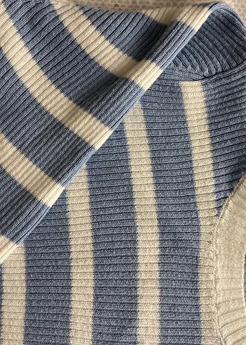 Çizgili Mavi-Gri Kadın Triko Kazak - Görsel 3