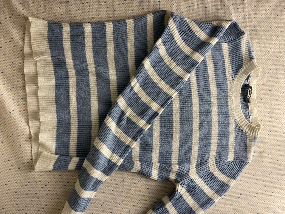 Çizgili Mavi-Gri Kadın Triko Kazak - Görsel 2