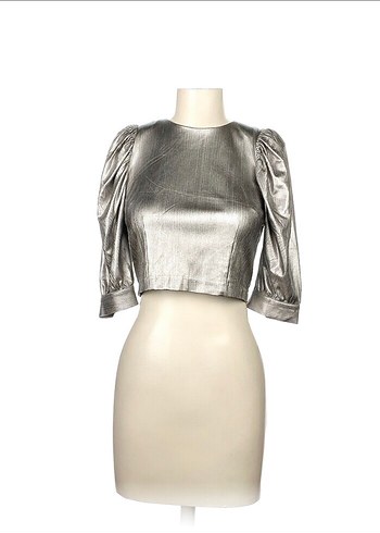Parlak Metalik Gri Straplez Crop Top - Görsel 2