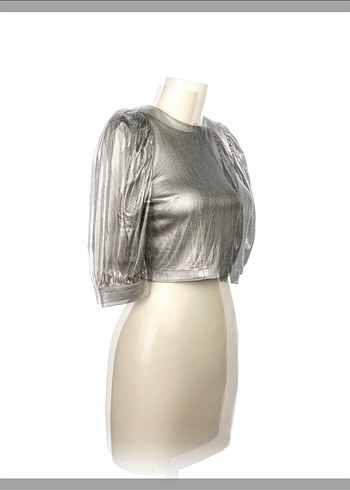 Parlak Metalik Gri Straplez Crop Top - Görsel 3