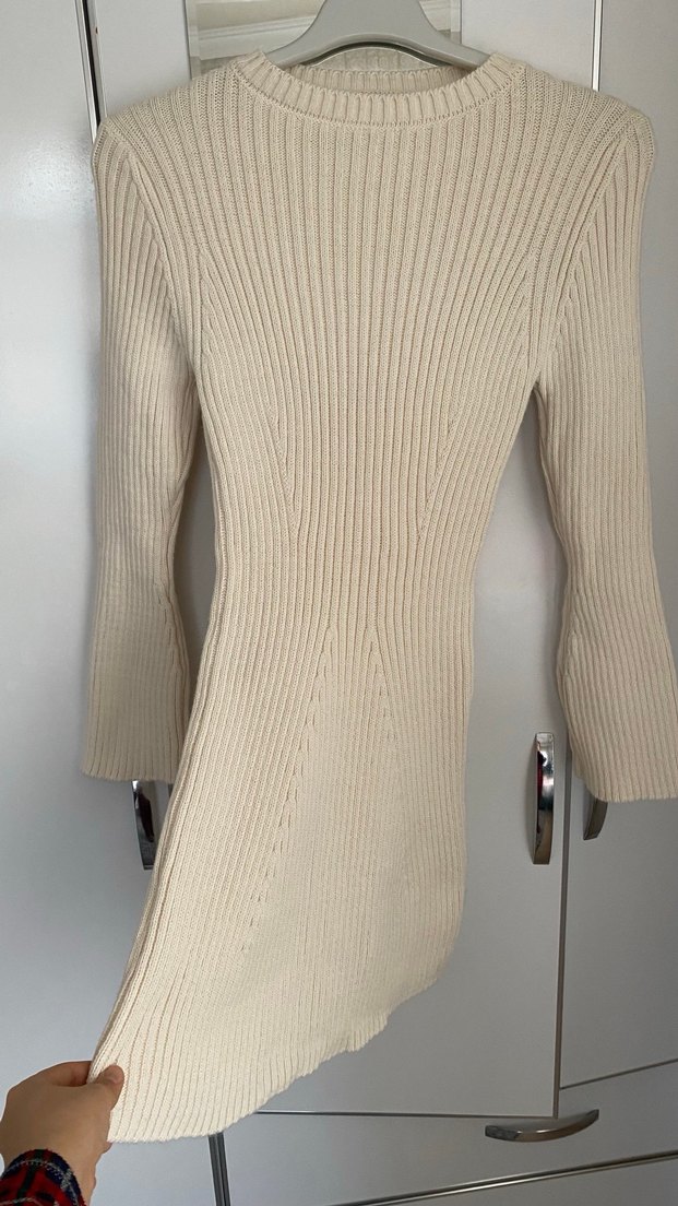 Bej Fitilli Boğazlı Kadın Triko Elbise - Görsel 2