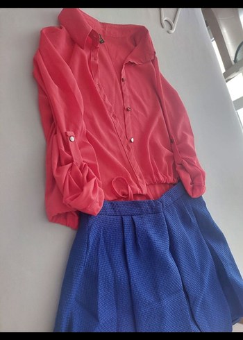 Mavi Mini Kadın Gömlek ve saks mavisi etek TOPLU FİYAT - Görsel 3