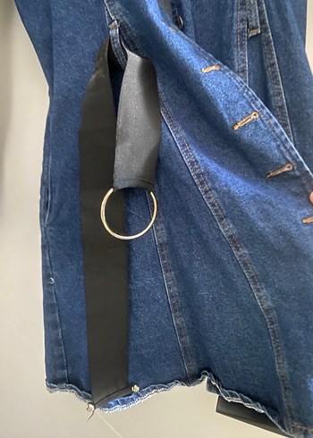 Düğmeli Uzun Mavi Denim Ceket - Görsel 2