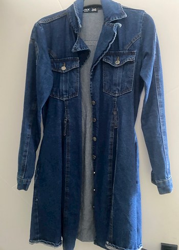 Düğmeli Uzun Mavi Denim Ceket - Görsel 4