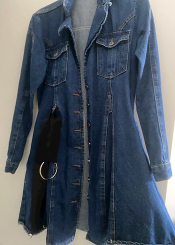 Düğmeli Uzun Mavi Denim Ceket - Görsel 3