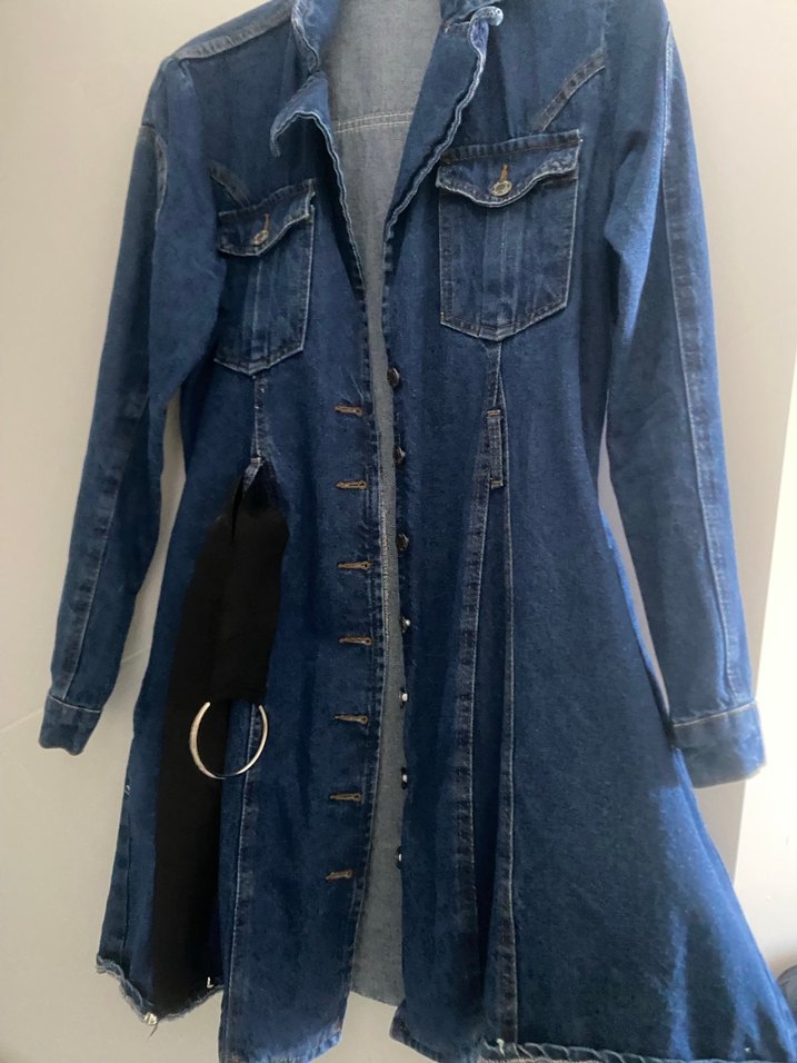 Düğmeli Uzun Mavi Denim Ceket - Görsel 3