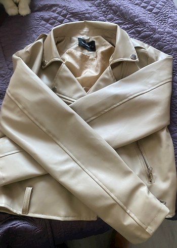 Bej Kadın Deri Fermuarlı Ceket - Görsel 3