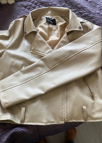 Bej Kadın Deri Fermuarlı Ceket - Görsel 2