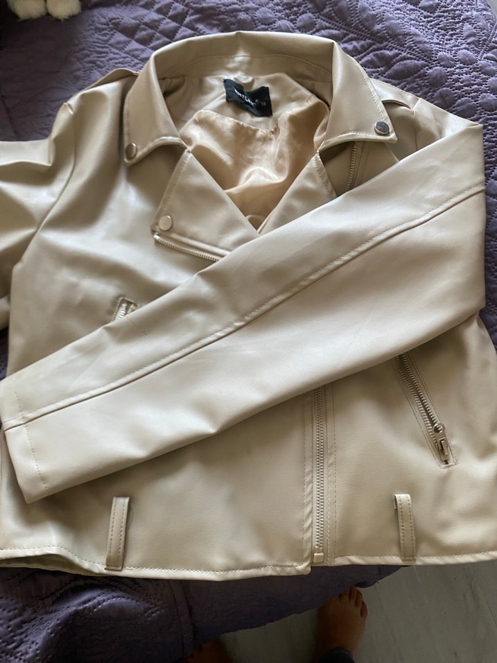 Bej Kadın Deri Fermuarlı Ceket - Görsel 2