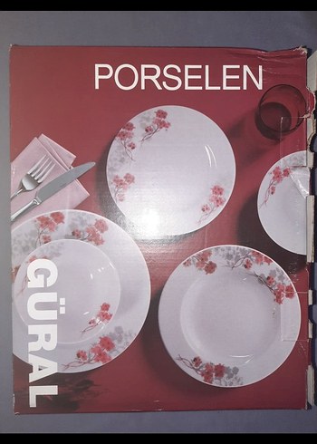 Güral Porselen 48 Parça Kırmızı Çiçek Desenli Yemek Takımı