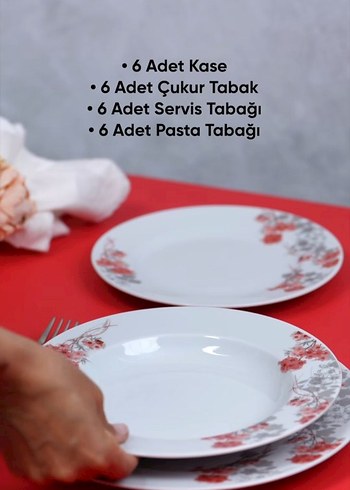 48 Parça Kırmızı Çiçek Desenli Yemek Takımı
