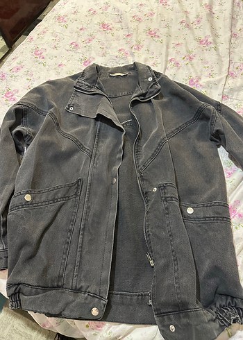 s Beden Gri Kadın Denim Ceket, Düğmeli, Bol Kesim