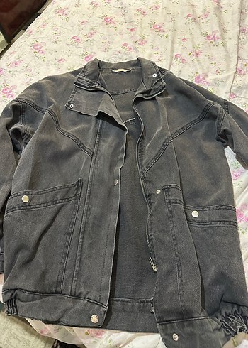 Gri Kadın Denim Ceket, Düğmeli, Bol Kesim