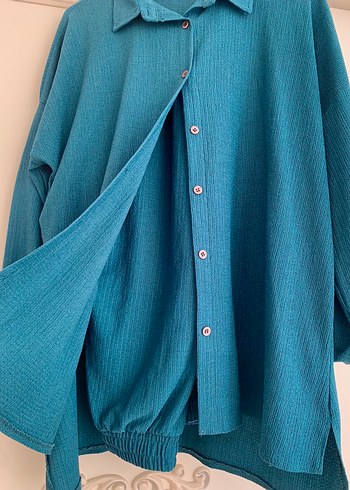 Mavi Keten Düğmeli Uzun Kollu İkili Takım - Görsel 2