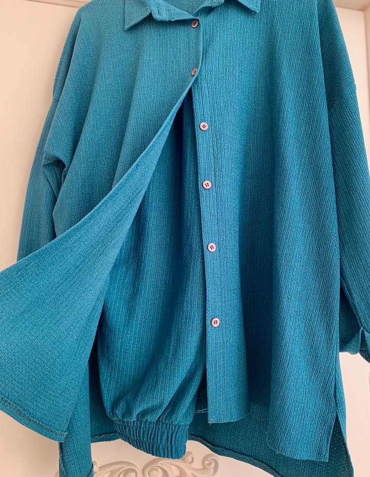 Mavi Keten Düğmeli Uzun Kollu İkili Takım - Görsel 2