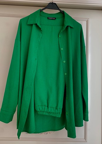 Düğmeli Yeşil Keten İkili Takım - Görsel 2