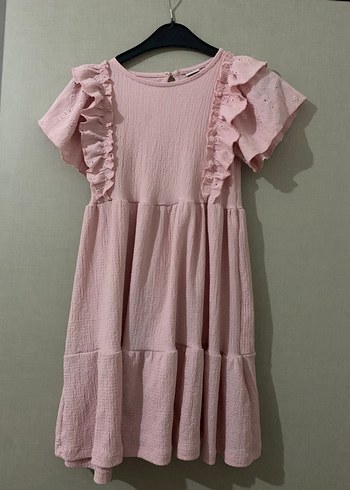 Pembe Nakışlı Keten Kız Elbisesi