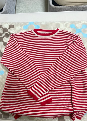 Kırmızı Çizgili Kadın Triko Kazak - Görsel 3