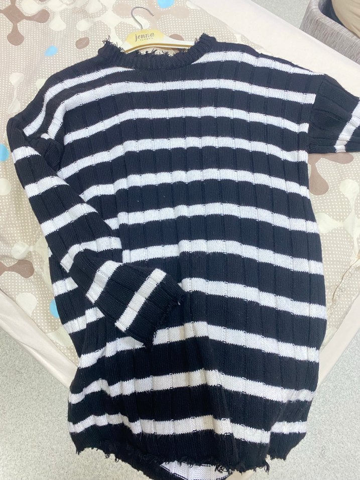 Gri Siyah Çizgili Örgü Kadın Kazak - Görsel 5