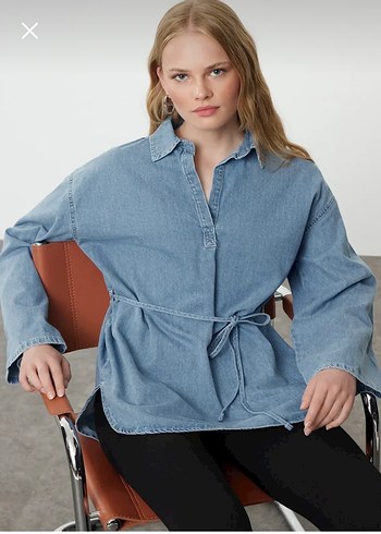 Kemerli Oversize Denim Gömlek